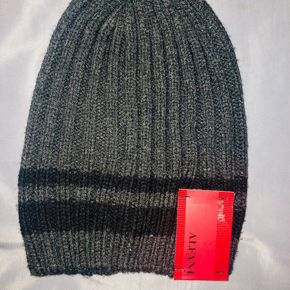 NWT Mens Alfani knit hat benie grey striped